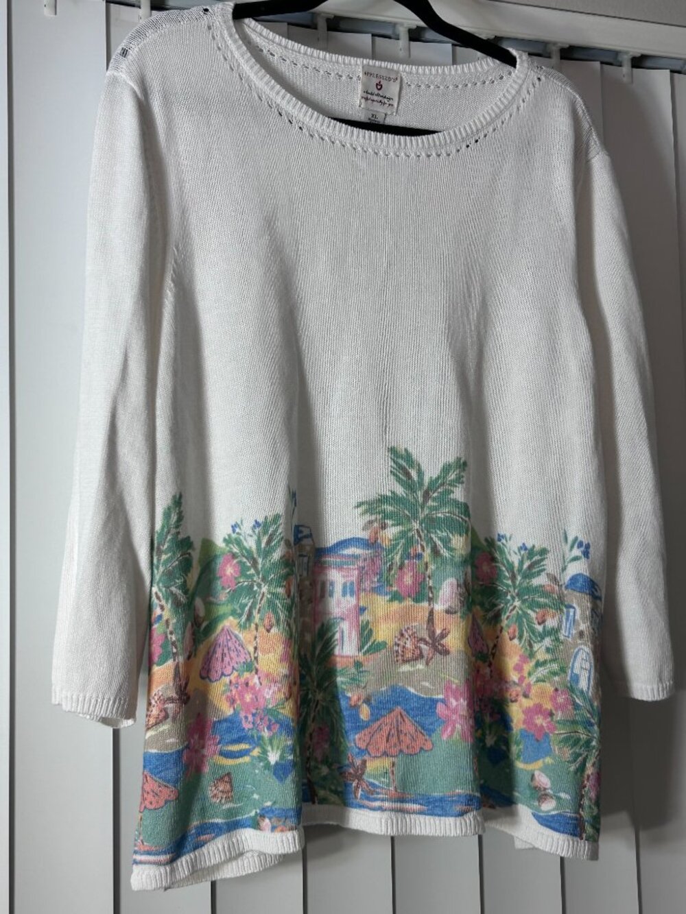 Women's Appleseeds Tropical Border-Print Summer Sweater Size XL Like New